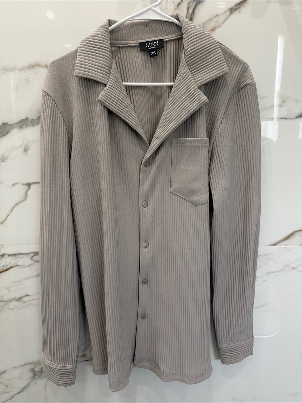 Boohoo Mens Taupe Ribbed Button-Up Shirt Jacket